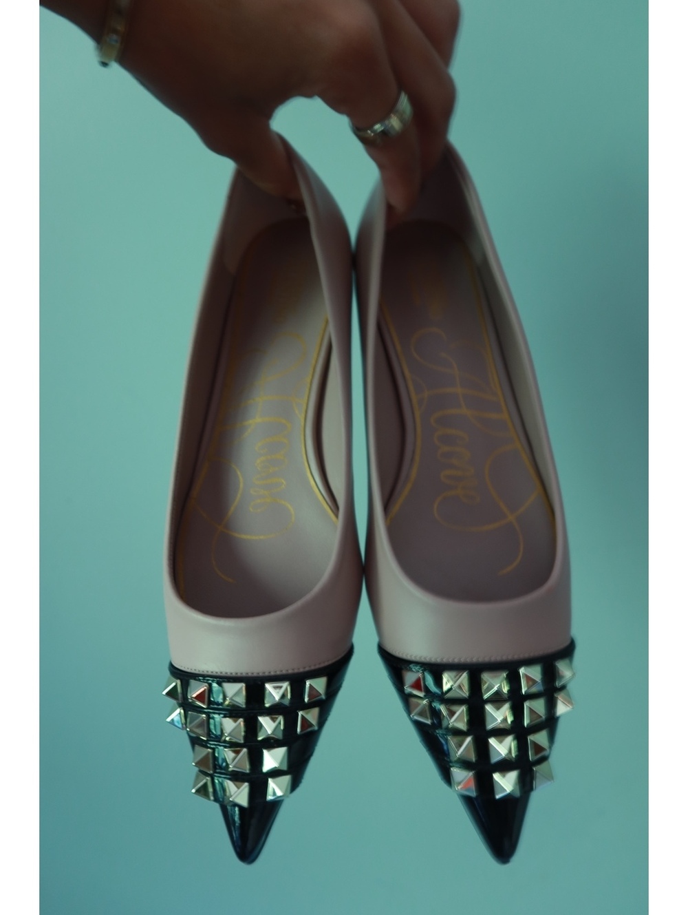 Valentino Garavani Beige Leather Rockstud Pointed Toe Ballet Flats - Picture 2 of 9